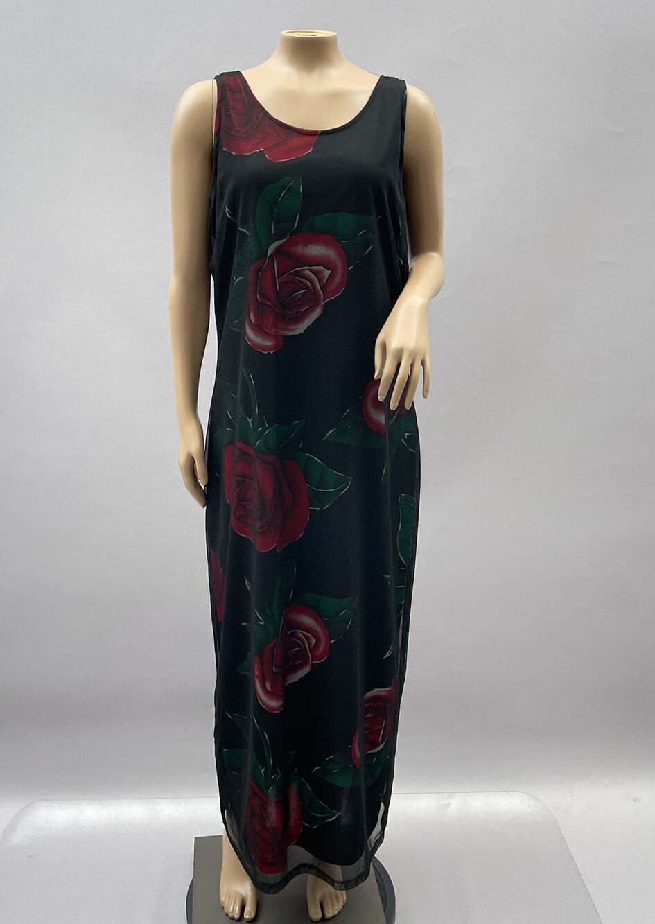 So What? Dolce USA Vtg 90s Dress Women XL Black Rose Maxi Slip Mesh Grunge Goth